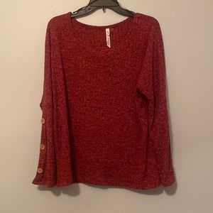 NY Collection Womens Rib Knit Button Long Sleeve Top Red